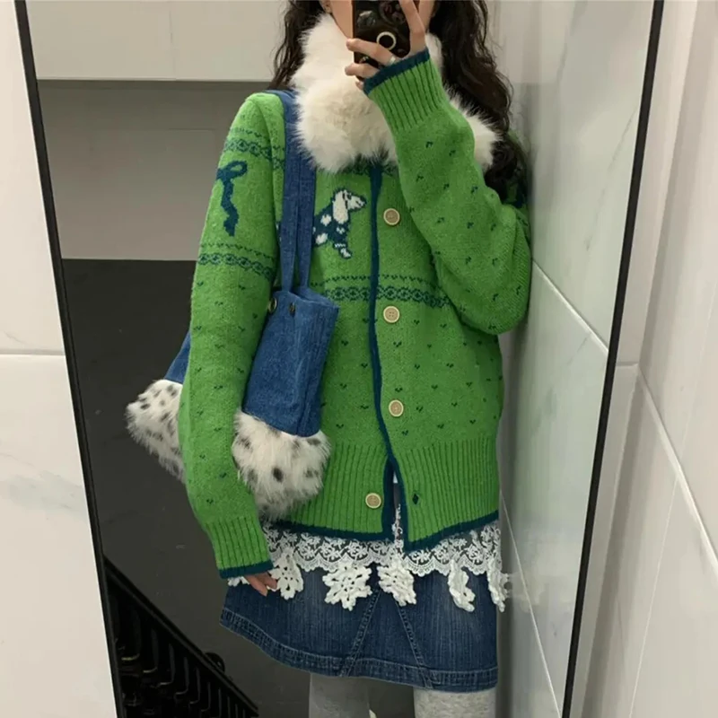 

Green Vintage Jacquard Knit Cardigan Women Sweet Preppy Long Sleeve O Neck Sweater Korean Loose Casual Harajuku Button Tops New