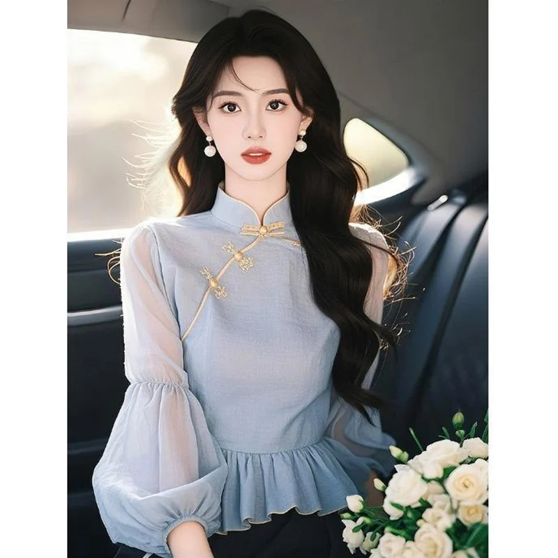 Dames tempérament Style chinois lanterne manches Blouse printemps automne Vintage mode boutons col montant chemises femmes vêtements