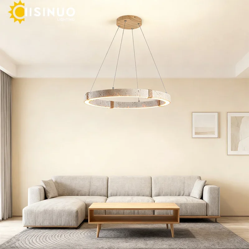 2026 Wabi-sabi Hanging Circular Pendant Light Yellow Travertine Natural Stone LED Chandelier D40/50/60cm For Home Dinining Room