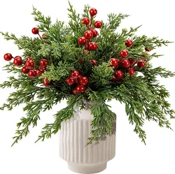 10Pcs Christmas Artificial Pine Branches Faux Evergreen Norfolk Pine Cypress Leaves Stems Fake for DIY Craft Garland Home Decor
