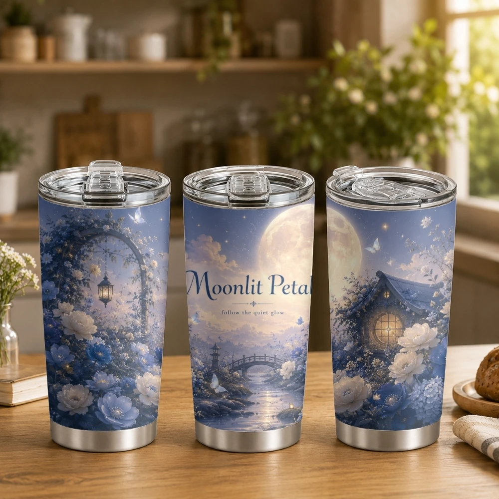 Midnight Moon Garden Vacuum Flasks 20oz Coffee Cup With 2 Lids And Reusable Straw, Double Wall Tumbler For Iced Or Hot Drinks