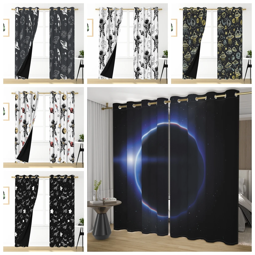 2pcs/set Astronaut Planet Black White Window Curtains Star Moon Sun Spaceship Bathroom Bedroom Decor Polyester Blackout Curtains