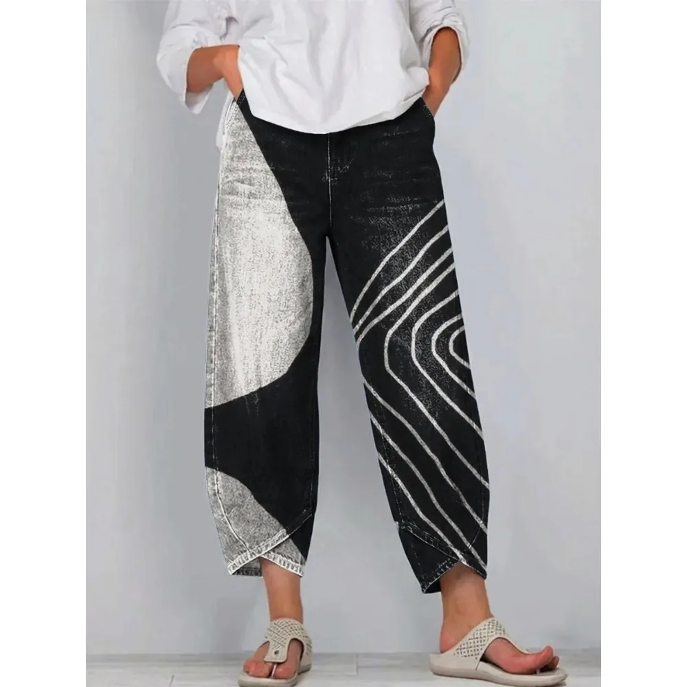 Kurze Harem-Capri-Hose mit abstraktem geometrischem Aufdruck für Damen, Baumwolle, lockere Passform, Tulpen-Wickelhose, knöchellange Freizeithose, XXS-4XL – Detail 4