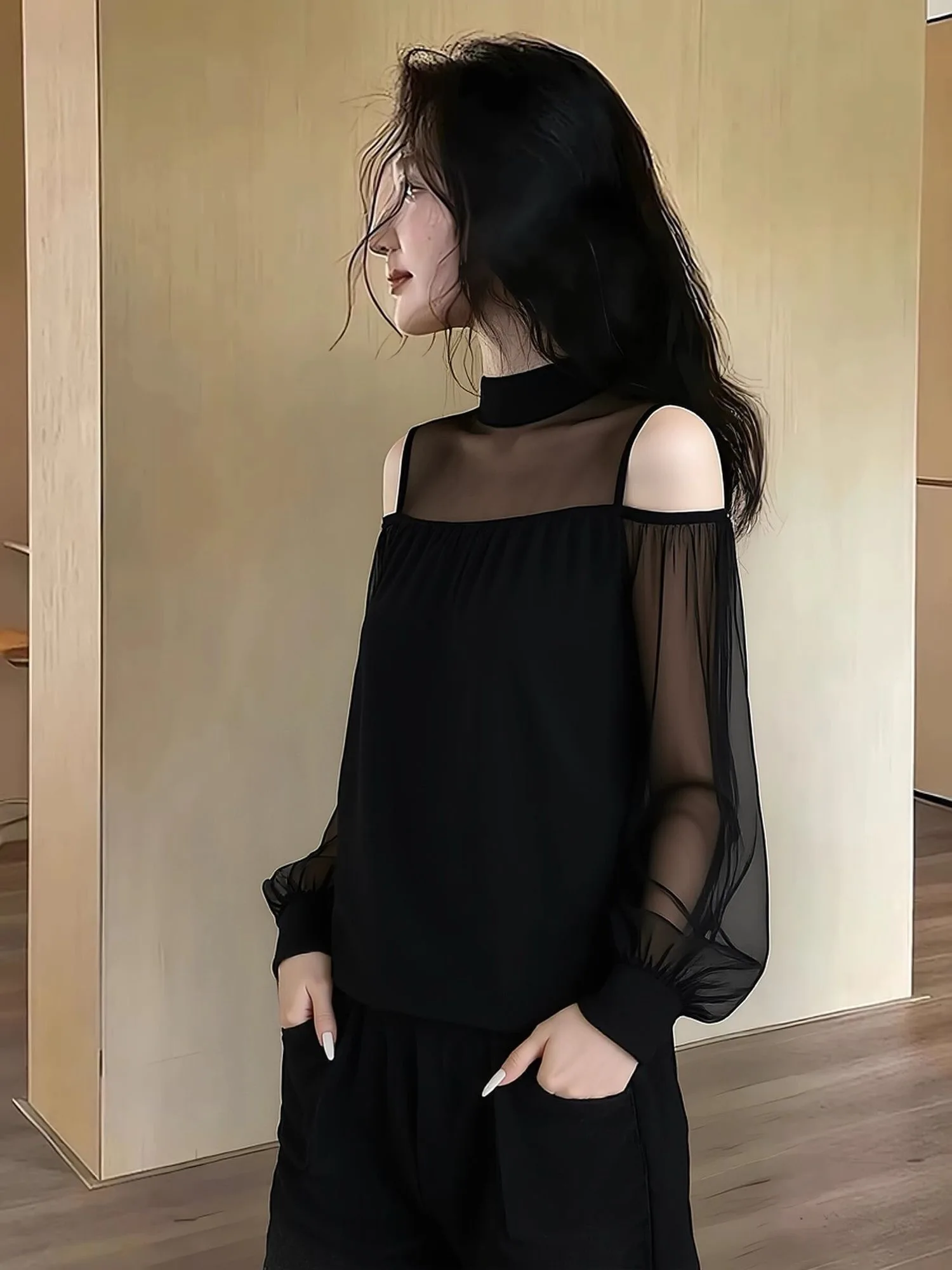 Black Chiffon Shoulder Bared Long Sleeve Slimming Top Women's Fashion Spring New Style Versatile Breathable Polyester Shirt