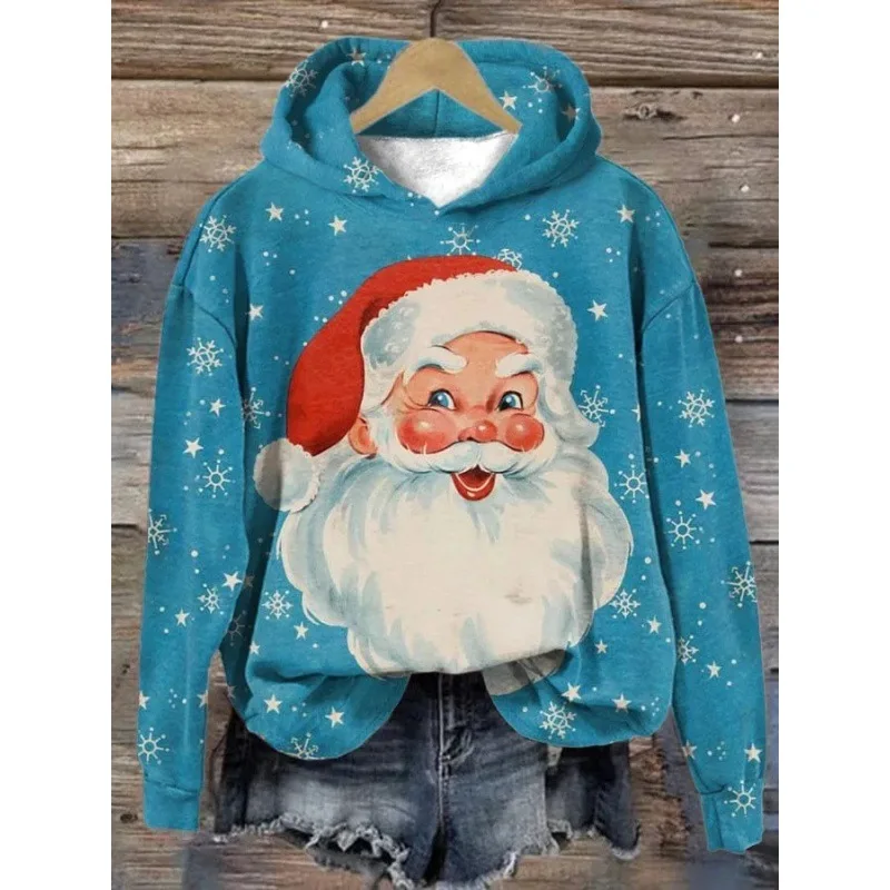 Christmas Hoodies Santa Claus 3D Print Women Streetwear Autumn Winter Hooded Sweatshirts Long Sleeve Pullovers Female Clothing