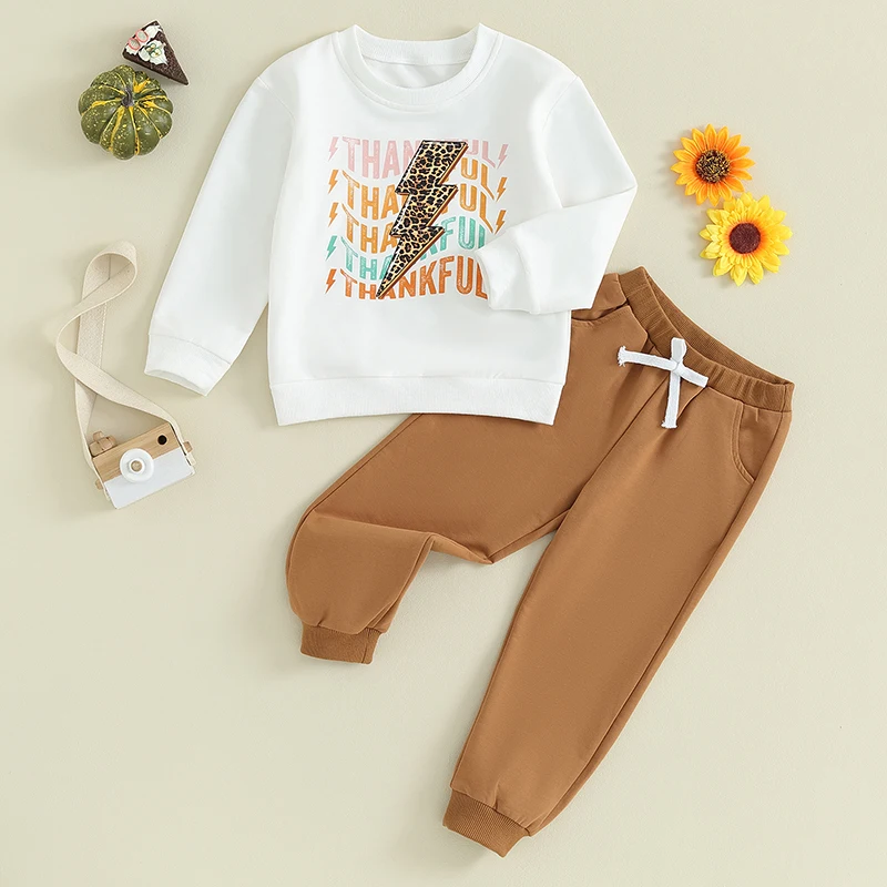 Toddler Baby Boys Thanksgiving Outfits Letter Print Long Sleeve Sweatshirts and Solid Color Long Pants 2Pcs Clothes Set