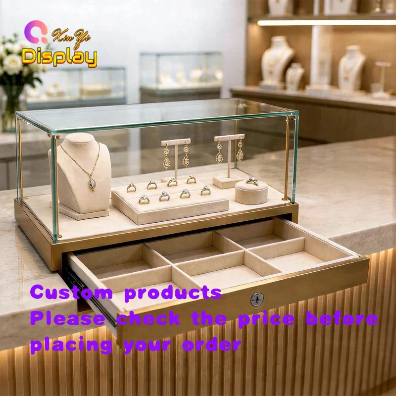 custom.Metal Framed Countertop Jewelry Display with LED Strip Light Eco-Friendly Showroom Watch Ring Dis