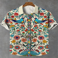 New Men's Linen Lapel Short Sleeve Shirt Indian Folk Bird Tree Art Print Linen Blend Shirt