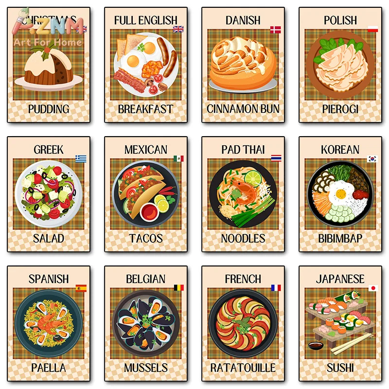 AZNM World Traditional Food Canvas Wall Art International Cuisine Checkered Background Print Kitchen Dining Room Decor Unframed