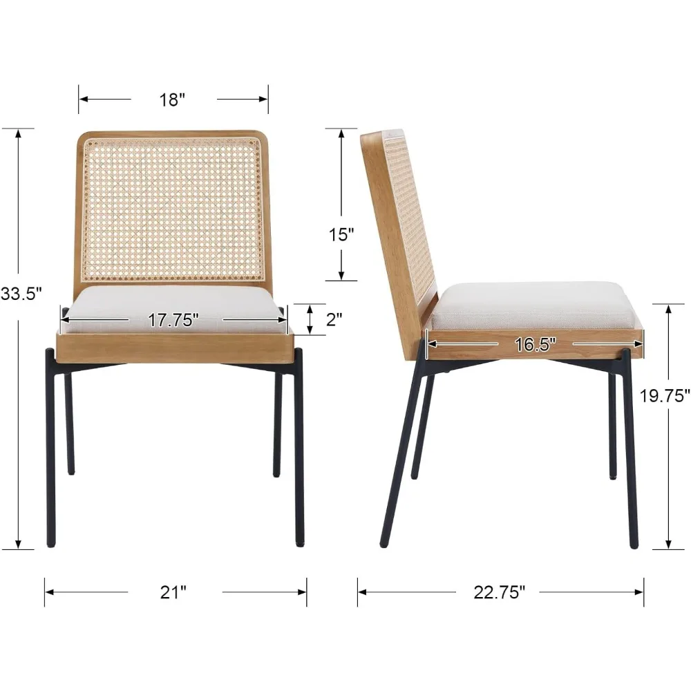 

"Set of 2 Mid-Century Dining Chairs - Linen w/ Rattan Backrest & Metal Legs"