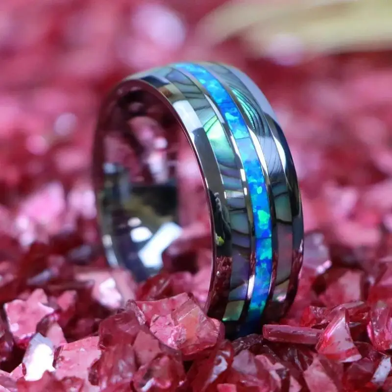 Fashionable Abalone Blue Opal Inlaid Dome Tungsten Wedding Ring with Mother of Pearl Inlaid 8Mm Men's and Women's Rings