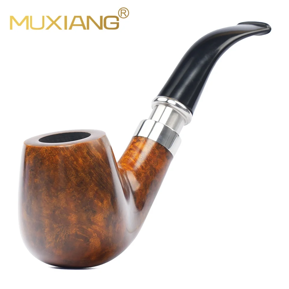 MUXIANG Briar Wood Tobacco Pipe Metal Ring Vulcanite Stem 9mm Filter Gift for Father