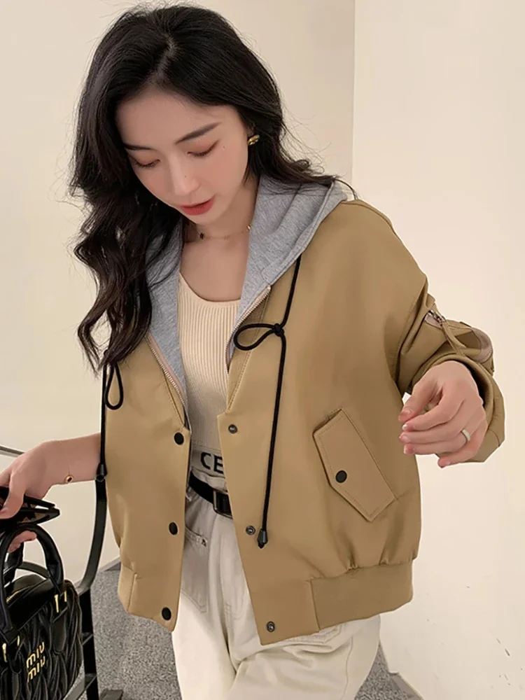 Blouson Bombardier en Cuir group pour Femme, Design Faux Deux Pièces, Poignées Amovibles, Capuche, Moto, Vestes en Peau d'Agneau, Tendance 2024