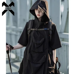 2025 Summer Tactical Short Sleeved Jackets Mens Functional Multi Pockets Hooded Coats Windbreaker Hip Hop Streetwear Male