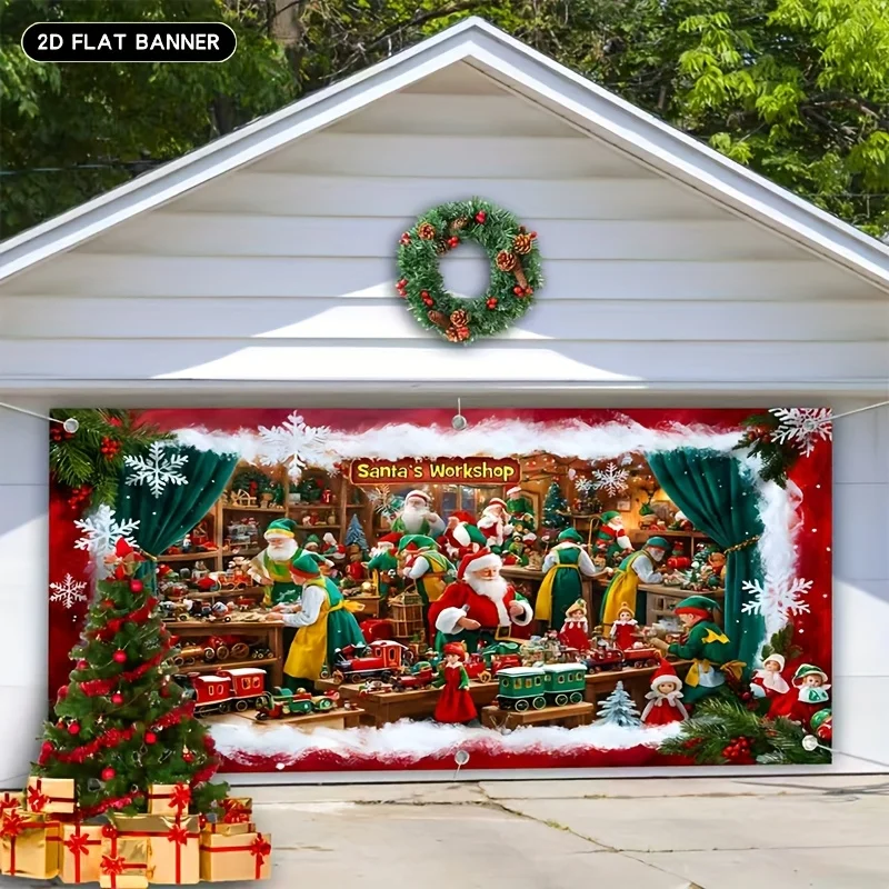 2D-Flachbanner, 1 Stück, 1 Stück, lebendiger Weihnachtsmann, Werkstatt, Garagentor, dekorativer Hintergrundstoff aus Polyester