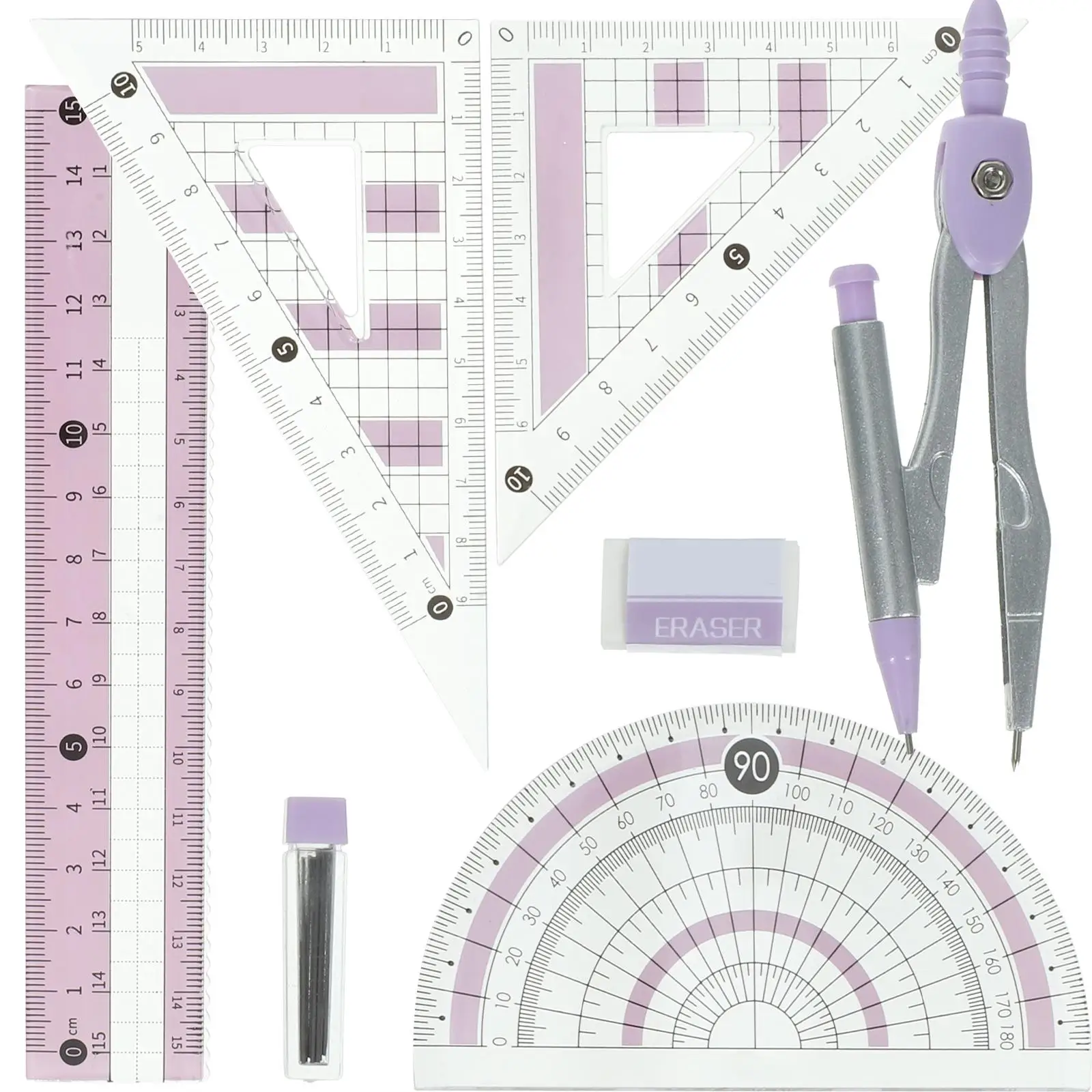 1 set Ruler Set Kit Kids Drawing Stationery Pink Lightweight Protractor Compass Triangle Office School Supplies