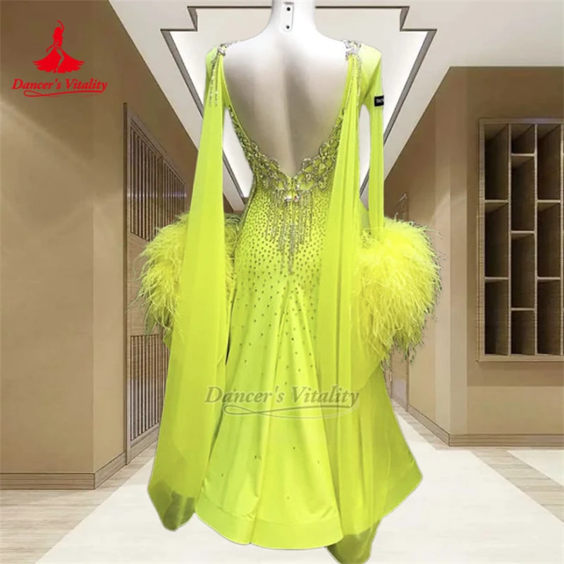 International Championship Adult Female Modern Waltz Tango Foxtrot AB Stones V-back Dress Advanced Customized Dancer's Vitality