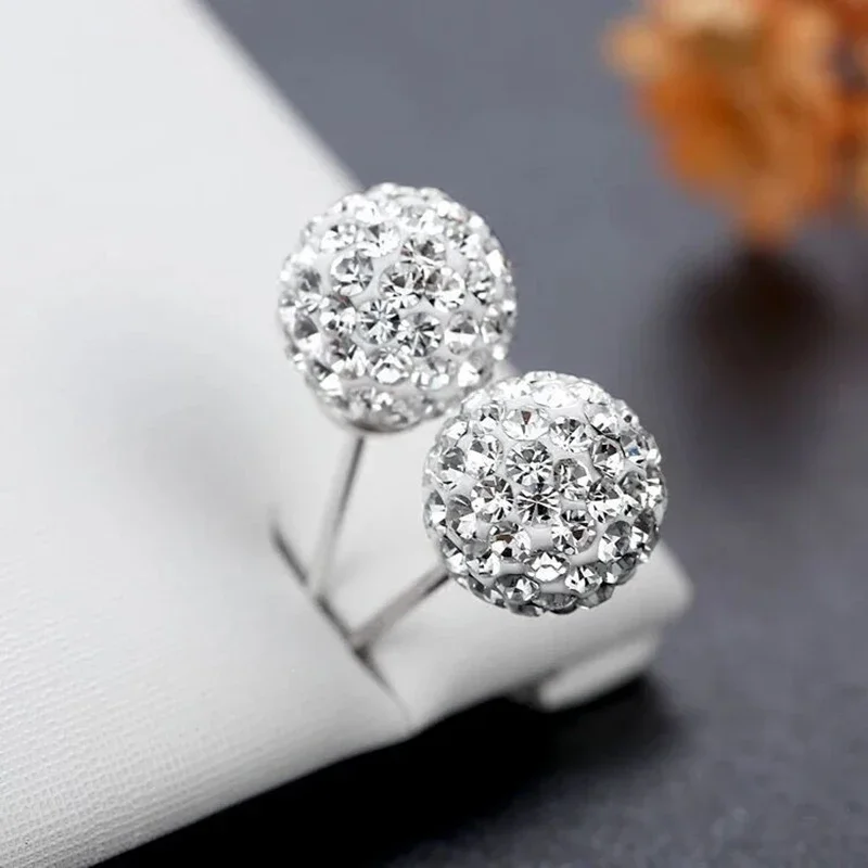 Various Size Ball-Shape Stud Earrings For Women Shiny Micro Crystal Paved Bright Beads Ear Nail Piercing Jewelry Accessories