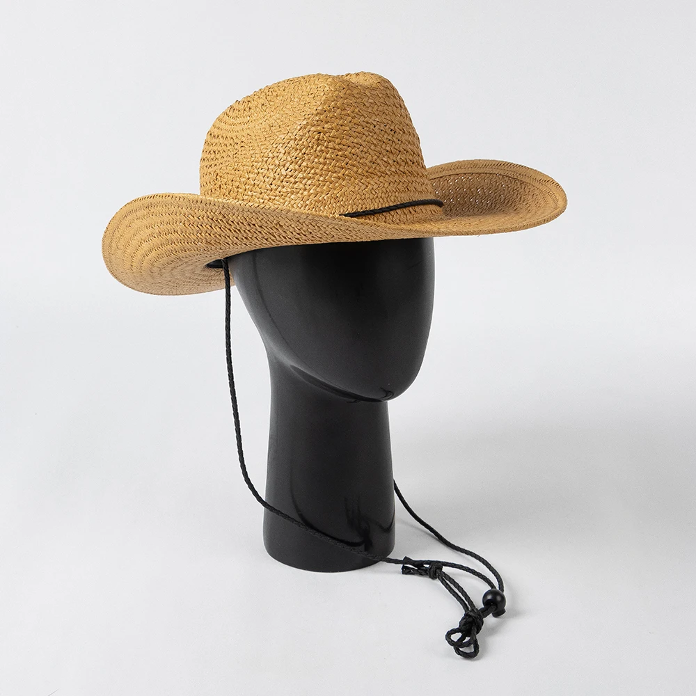 

Spring and Summer New Casual Breathable Straps Wide Brim Curled Edge Straw Cowboy Hat Outdoor Travel Sun Protection Hat