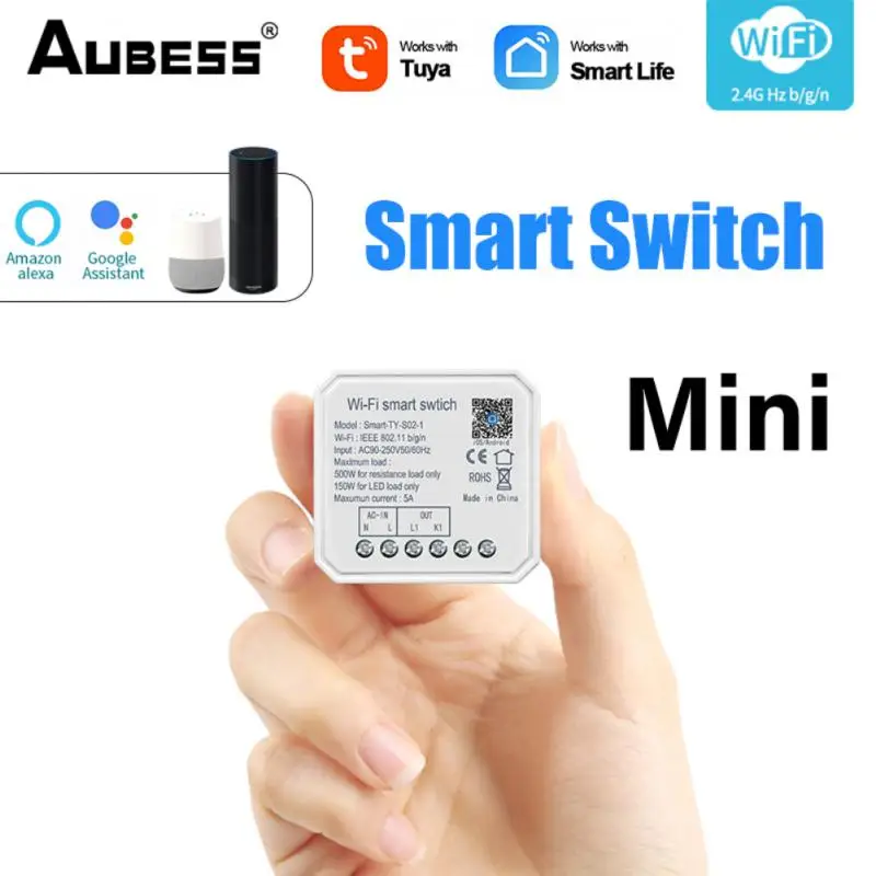 AUBESS Tuya WiFi Mini Smart DIY Light Switch Module 1/2 Gang Smart Life Tuya Remote Control Work With Alexa Google Home