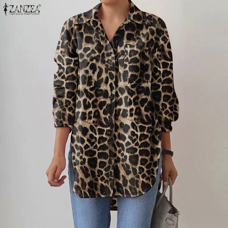 เสื้อเชิ้ตผู้หญิงทรงโอเวอร์ไซส์ แขนยาว คอปก ติดกระดุม ชายเสื้อโค้ง ลายเสือดาว แบรนด์ ZANZEA สำหรับฤดูใบไม้ผลิ ไซส์ S-3XL