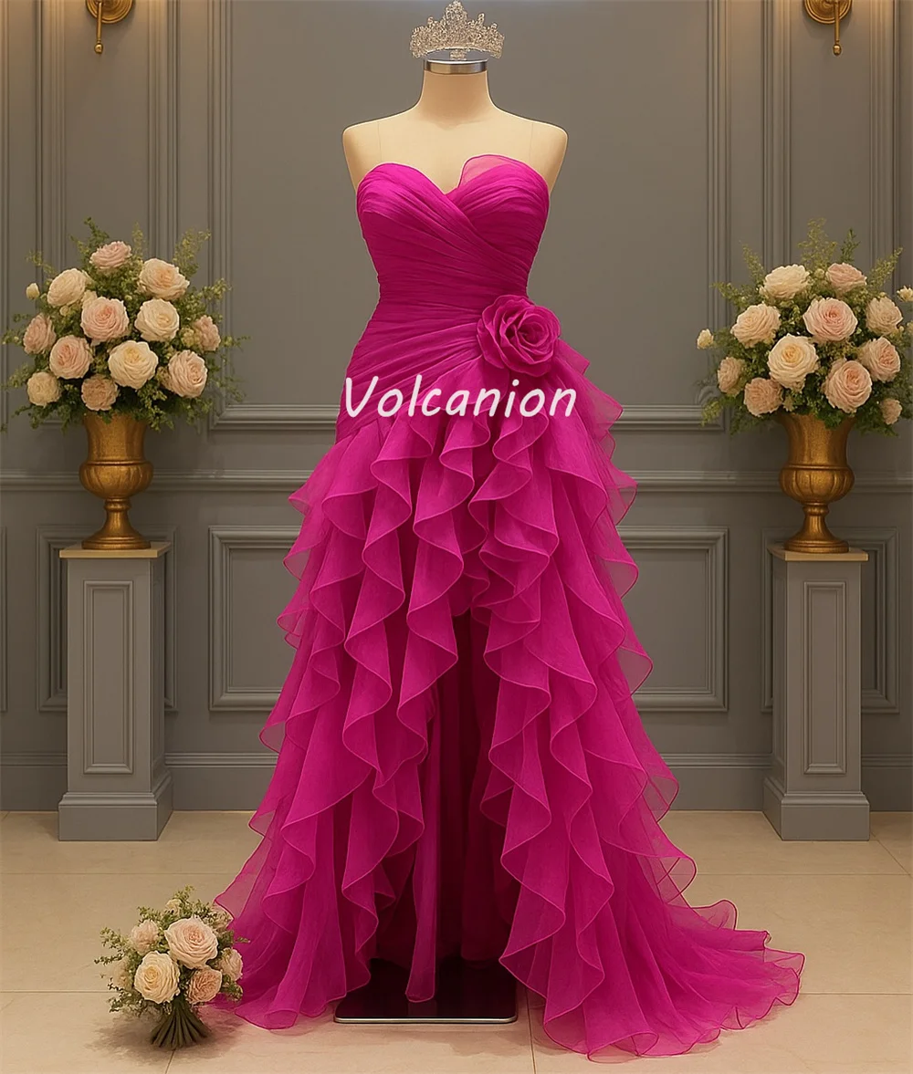 Customized Intricate Matching Organza Pleat Ruched A-line Strapless Handmade Flower Long Dresses Bespoke Occasion Dresses Retro