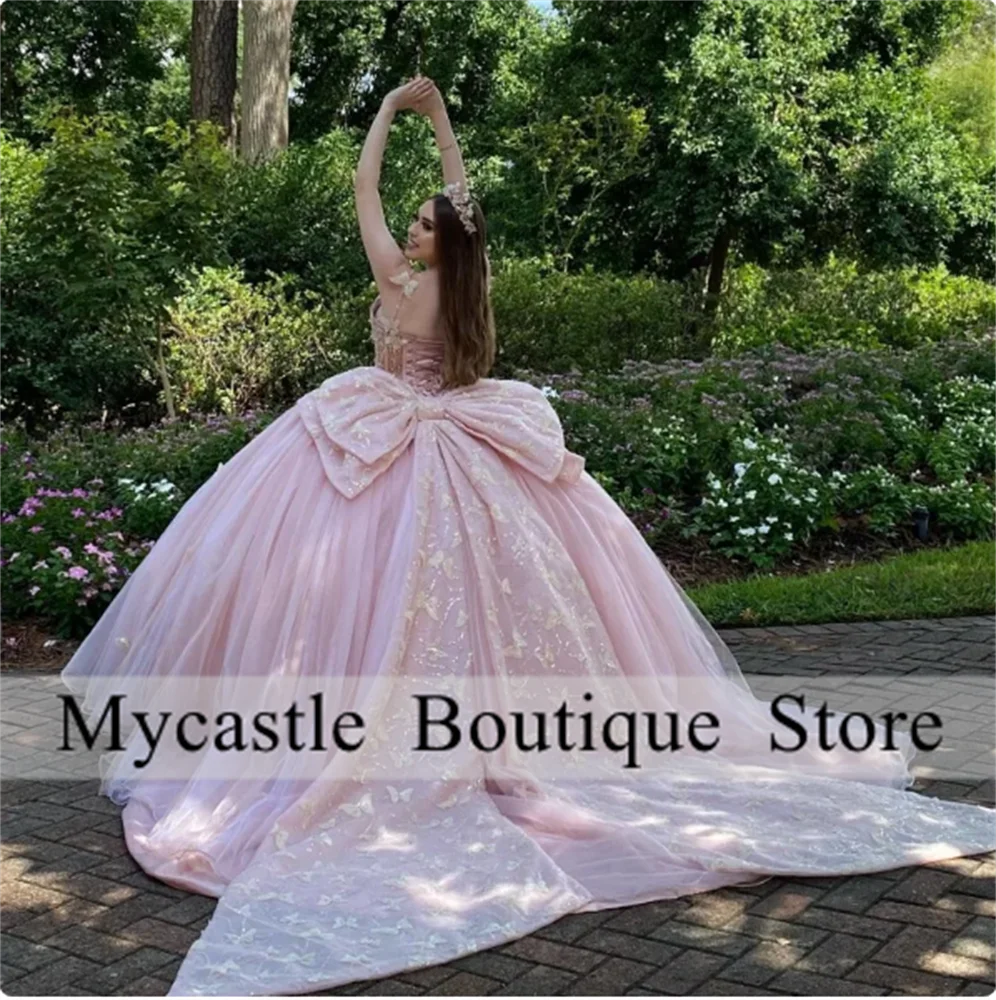 

New Pink Lace Appliques Quinceanera Dresses 2025 With Big Bow Tull Ball Gown Sweet 16 Dress Customized Vestido De 15 Anos