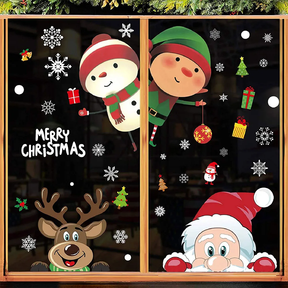 Christmas Window Clings Winter Snowflake Window Stickers Reusable Xmas Santa Elk Snowman Window Decals Window Decors for Home