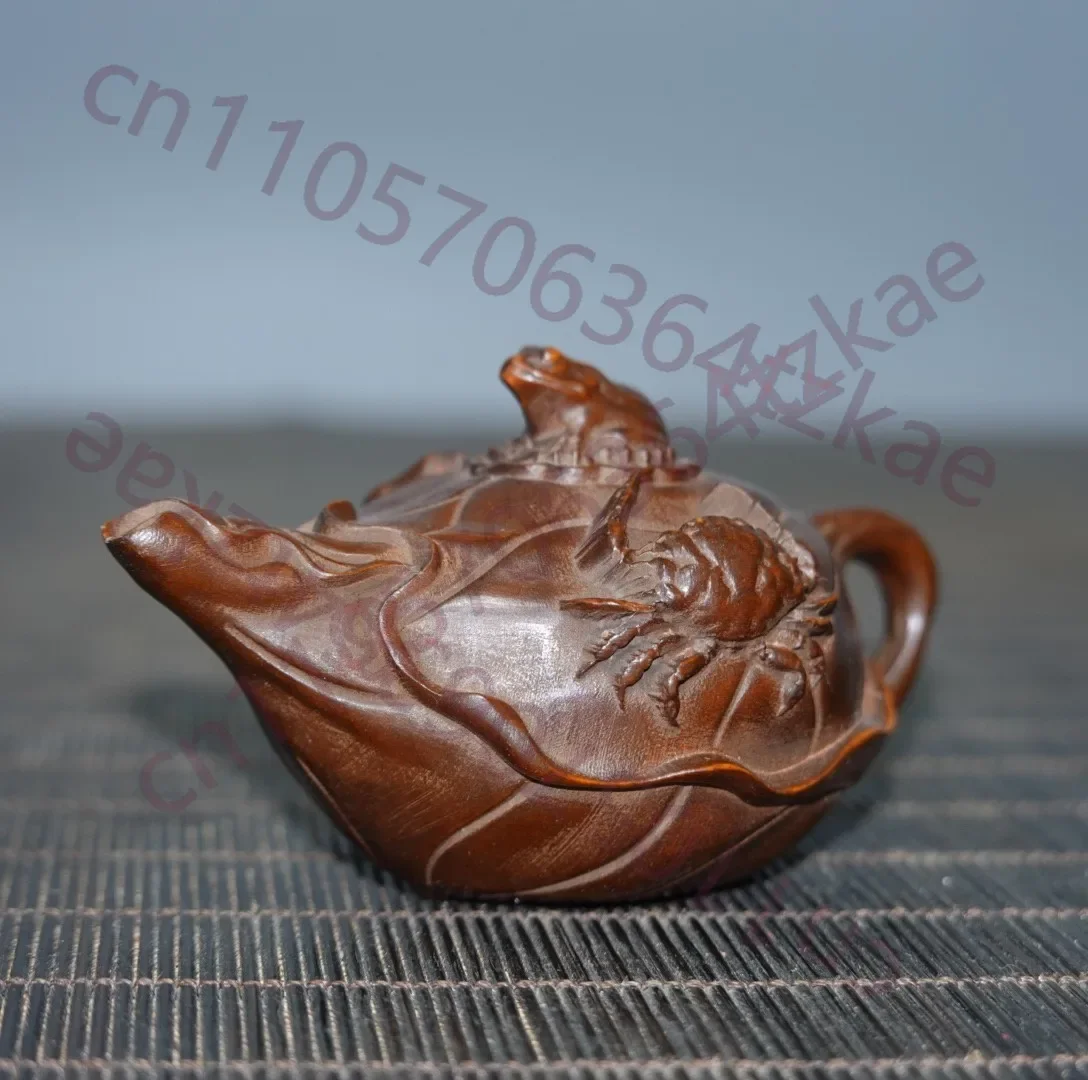 Chinese Antique Tea Pot Wooden Carving Comes with Wealth and Pot Decoration