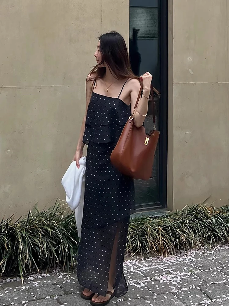 Ele Summer New Polka Dot Strapl Long Dr Donna Sle Layered Sense Splice Casual Vacanza Faion Svel Dr