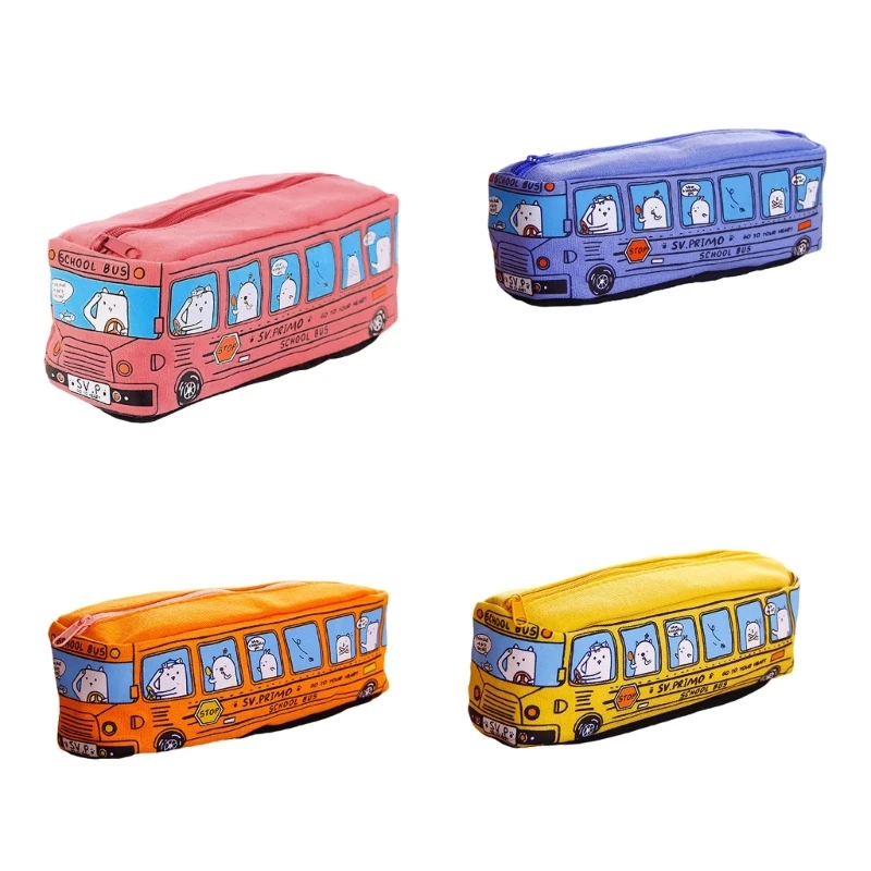 Big Capacity Pencil Bag Cartoon Bus Pen Case Zippered Pen Pouches Canvas Pencil Case Travel Makeup Bag for Kid Adult Q1JF