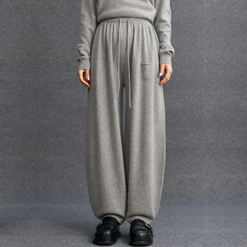 Women's 100% Cashmere Knitted Drawstring Pants Casual Loose Lantern Style with Elastic Waistband And Pockets Floor-Length