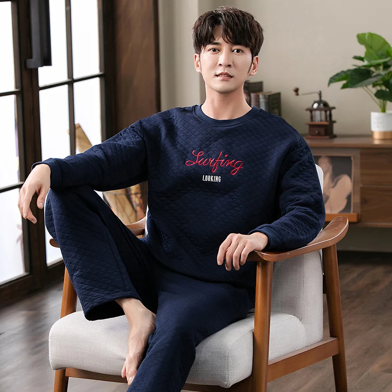 Winter Cotton Mezzanine Pyjamas Thin Quilted Men's Pajamas Set O-Neck Sleepwear Pyjamas Nightwear Big Yards M-3XL Pijamas Hombre