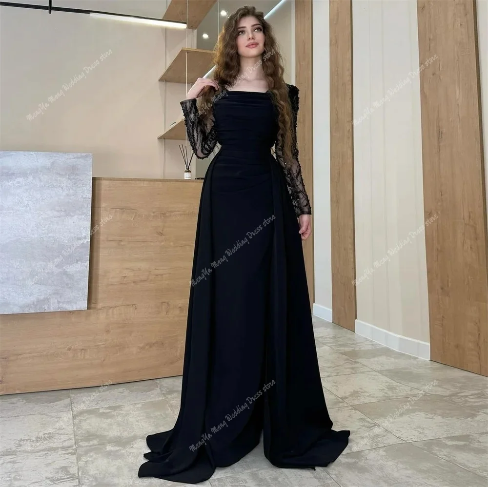 Luxo quadrado pescoço preto renda vestido de noite mangas compridas vestido de festa com zíper voltar destacável uma linha trem vestido de baile personalizado