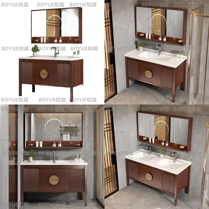for New Chinese Style Ceramic Integrated Basin Bathroom Cabinet Ebony Floor to Ceiling Double Basin Vanity with Hand Wash
