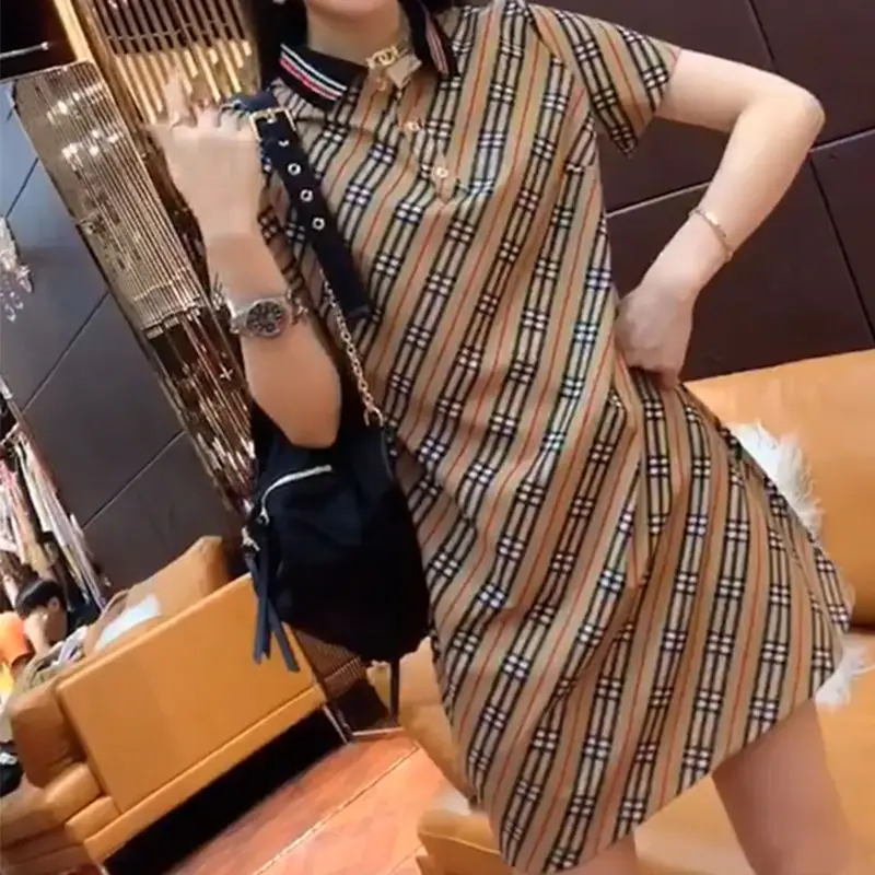 Polo collar plaid dress casual belly covering age reduction popular short-sleeved skirt in spring and summer 2023