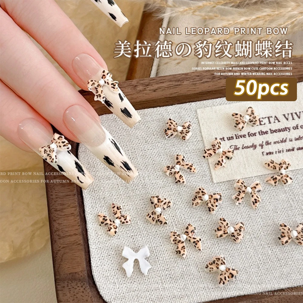 50pcs Maillard Leopard Print Ribbon Bow Nail Charms Autumn Winter Nails Heart Leopard Bow Nail Supplies 1x1cm Kawaii Accessories