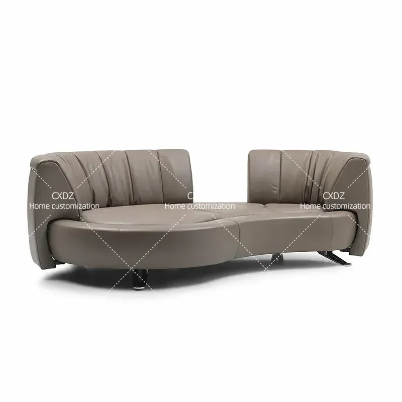 Italian Curved Leather Sofa Living Room Modern Retro Light Luxury First Layer Cowhide Slide Design Couch for Home Furniture