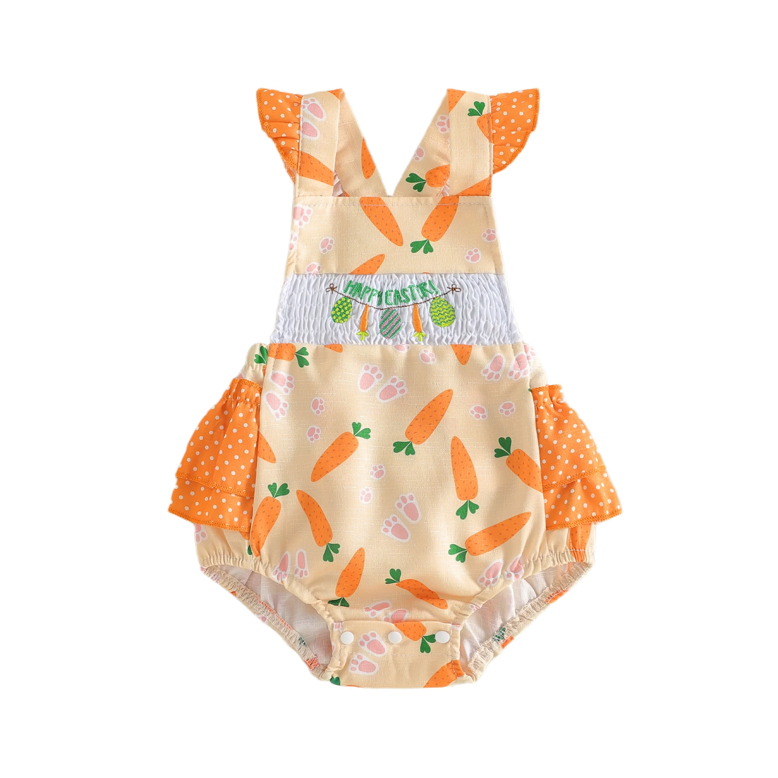 

Пасхальный комбинезон для маленьких девочек, комбинезон с вышивкой в ​​виде моркови и точечным принтом, комбинезон с рукавами-крылышками для новорожденных, милая одежда для малышей