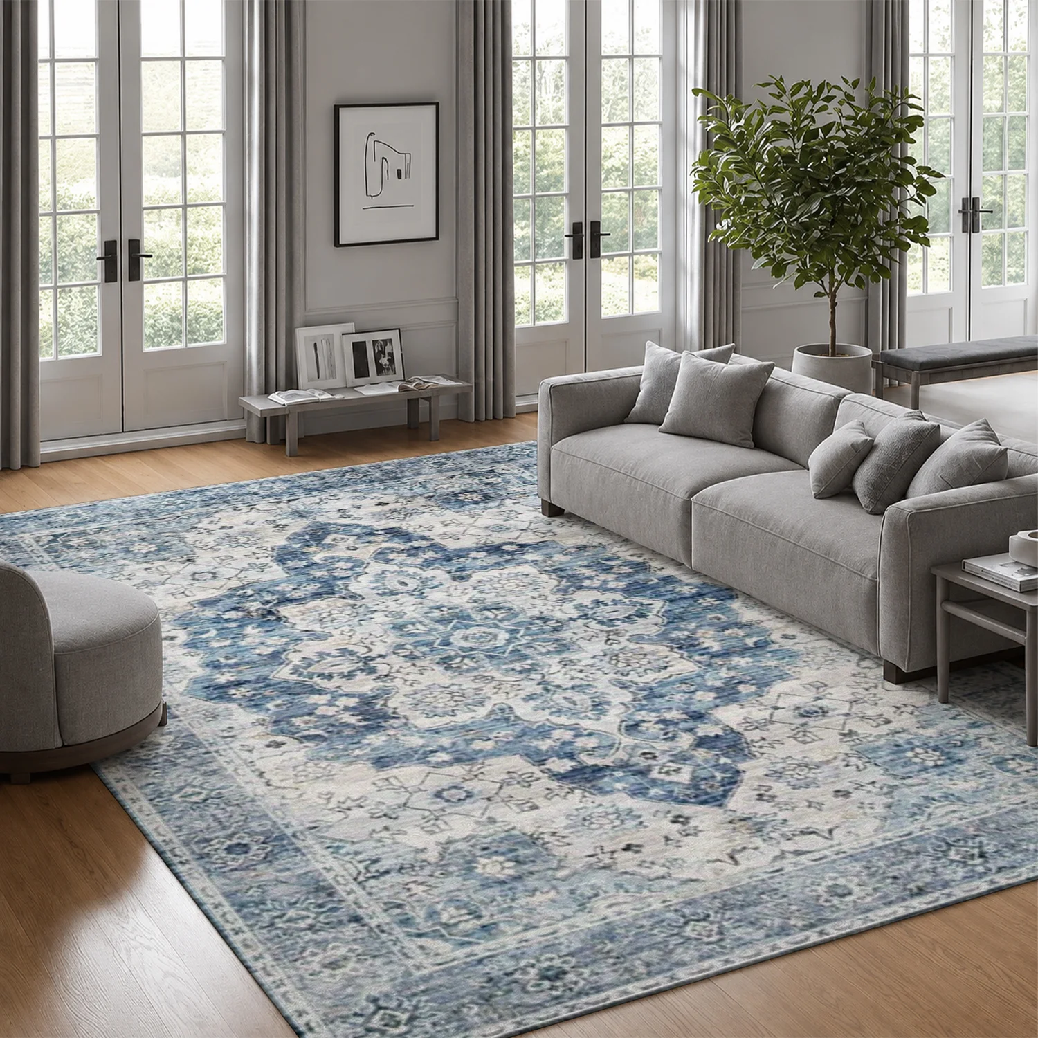 Large Indoor Area Rug, Soft Velvet Low Pile with Non-Slip Dotted Backing, Machine Washable Vintage Blue Medallion Distressed Rug for Living Room, Bedroom Home Decor