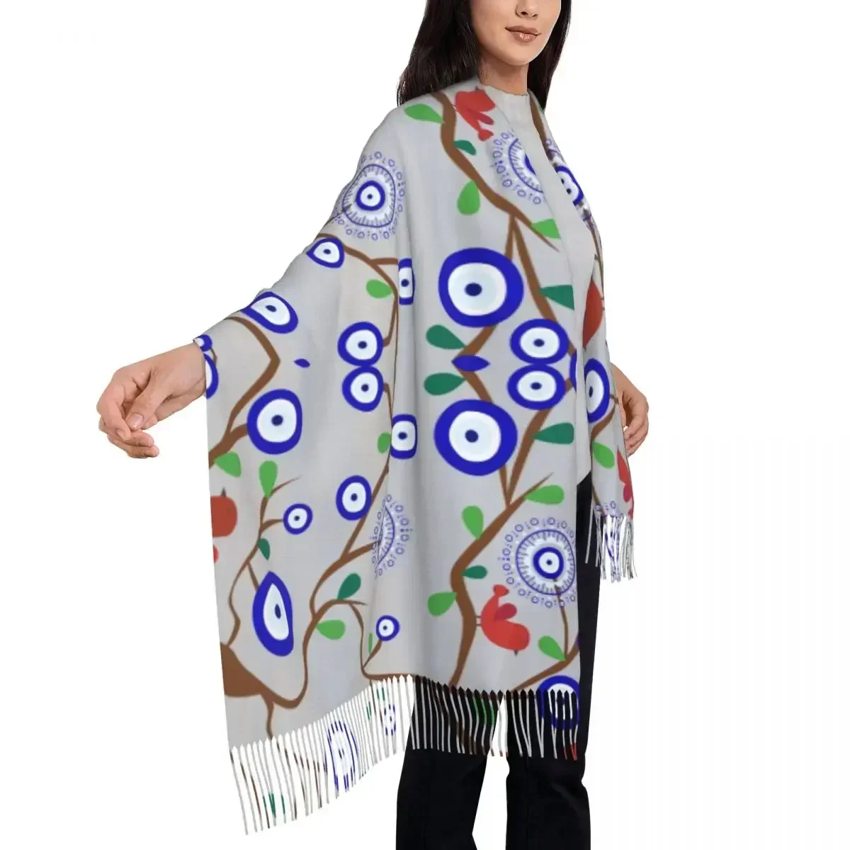 Lady Long Mediterranean Lucky Evil Eye Bird Tree Scarves Women Winter Soft Warm Tassel Shawl Wraps Nazar Charm Scarf