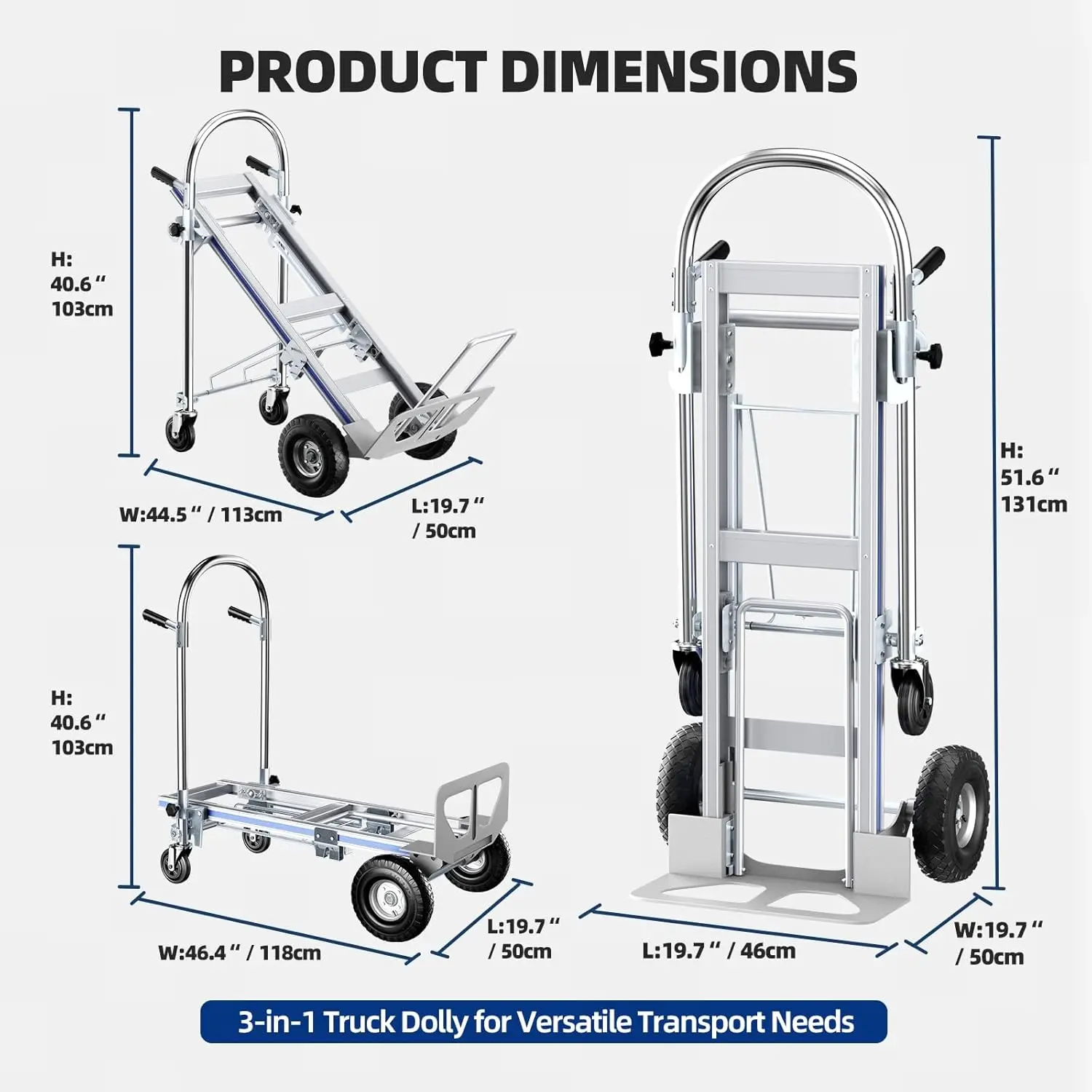 Camión de mano de aluminio, camión de mano convertible 3 en 1 Dolly de capacidad de 1000 libras, ruedas neumáticas - Carro plegable resistente