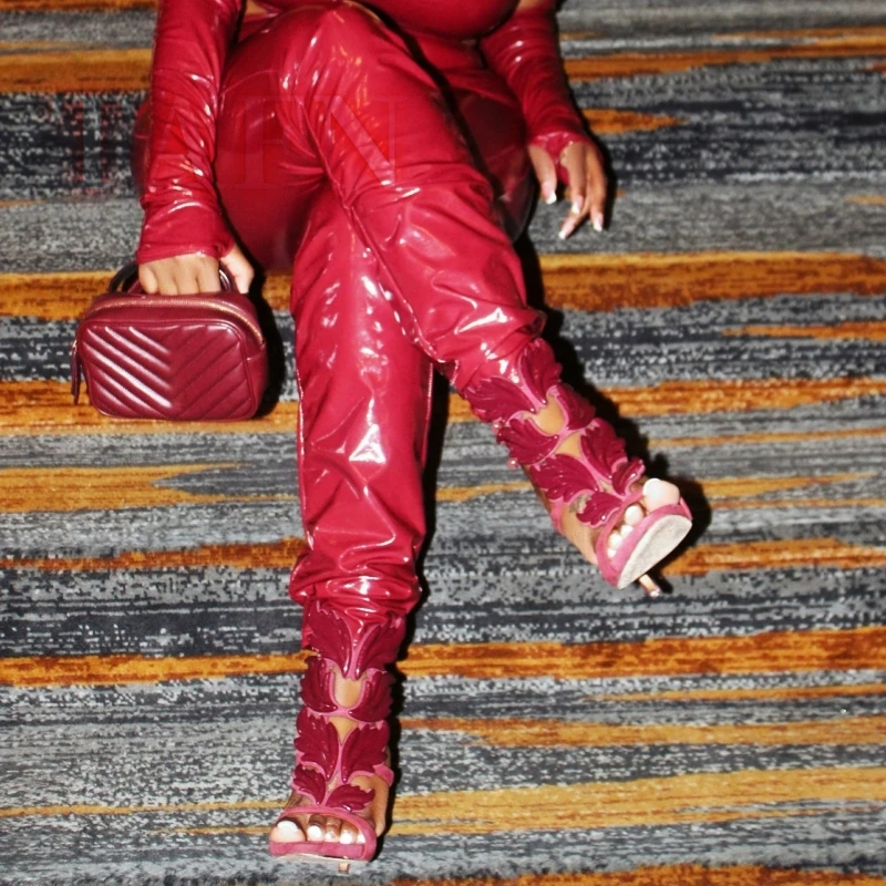 

Женские красные сандалии с крыльями, пикантные туфли с открытым носком на тонком каблуке, женская обувь с пряжкой на щиколотке 120 мм, подиумные туфли на каблуке Sandalias De Mujer 44