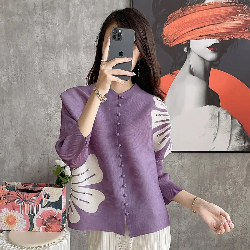 2024 Folding Fashion Cardigan Blouse Women's Loose Beaded Bat Sleeve Printed Shirt Coat Spring Summer Long Sleeve Tops Female