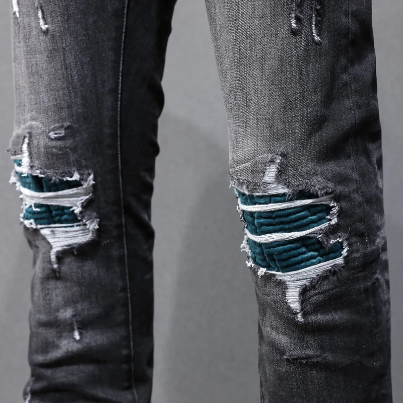 High street fashion jeans stretch slim fit washed jeans green patch hip-hop brand designer black pants hombre