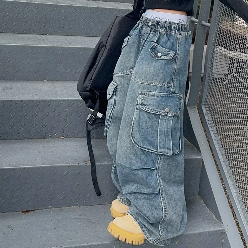 Nieuwe 2025 meisjes grote zak jeans lange broek streetwear kinderen losse wijde pijpen denim cargobroek tiener lente casual kleding