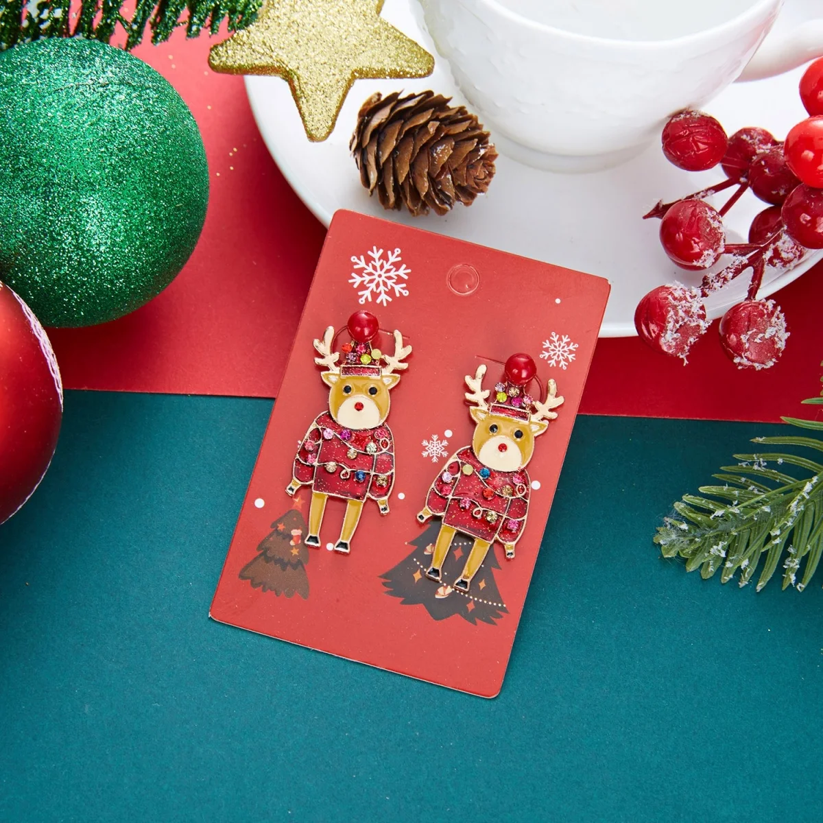 Weihnachtliche Zierliche Ohrringe mit Rotem Schal und Hirschmotiv für Damen, Bunte Strass-Rentier-Elch-Tier-Ohrringe, Neujahrs-Schmuck – Detail 30