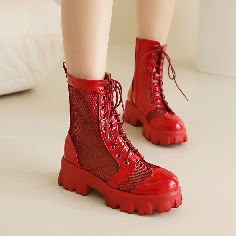 Mesh Panel Lacquer Leather Cutout Breathable Short Boots Flat Heel Thick Sole Lace Up Mesh Boots Zipper Elevated Shoes