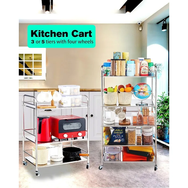 Stainless Steel Cart with Wheels 3 Tier,Stainless Steel Kitchen Cart,Stainless Steel Utility Cart,Metal Cart with Wheel