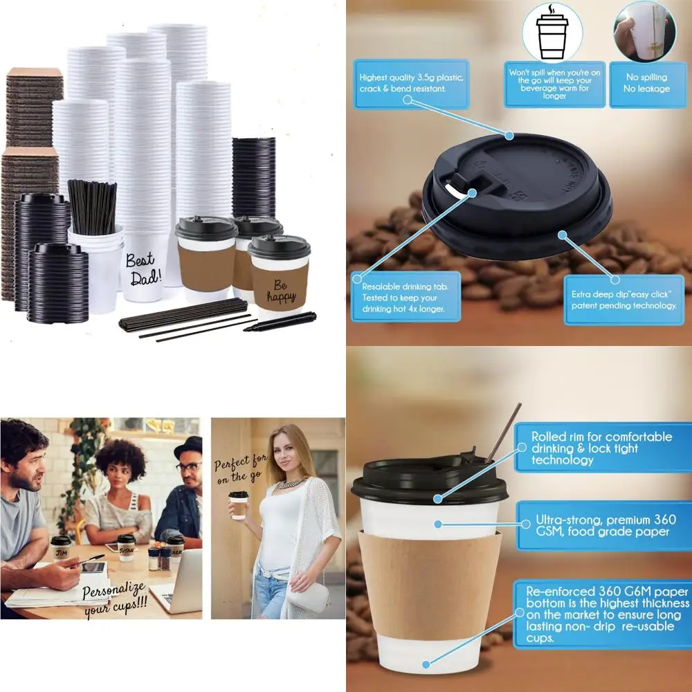 

12 oz Disposable Paper Coffee Cups with Lids - 130 Pack for Home, Office, Parties, Travel - Premium To Go Cups